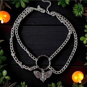 New! Silvertoned Moth Double Chain Pendant Choker Necklace Goth Rave Festival